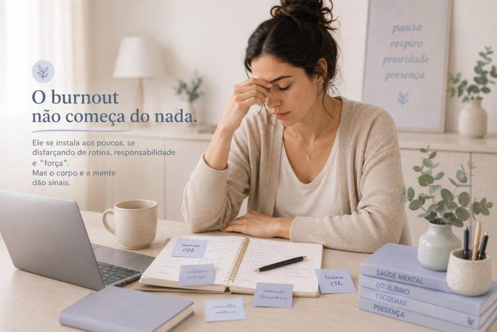 Infográfico sobre burnout silencioso apresentando sete sinais de alerta, incluindo mente acelerada, cansaço constante, emoções intensas e sensação de vazio.